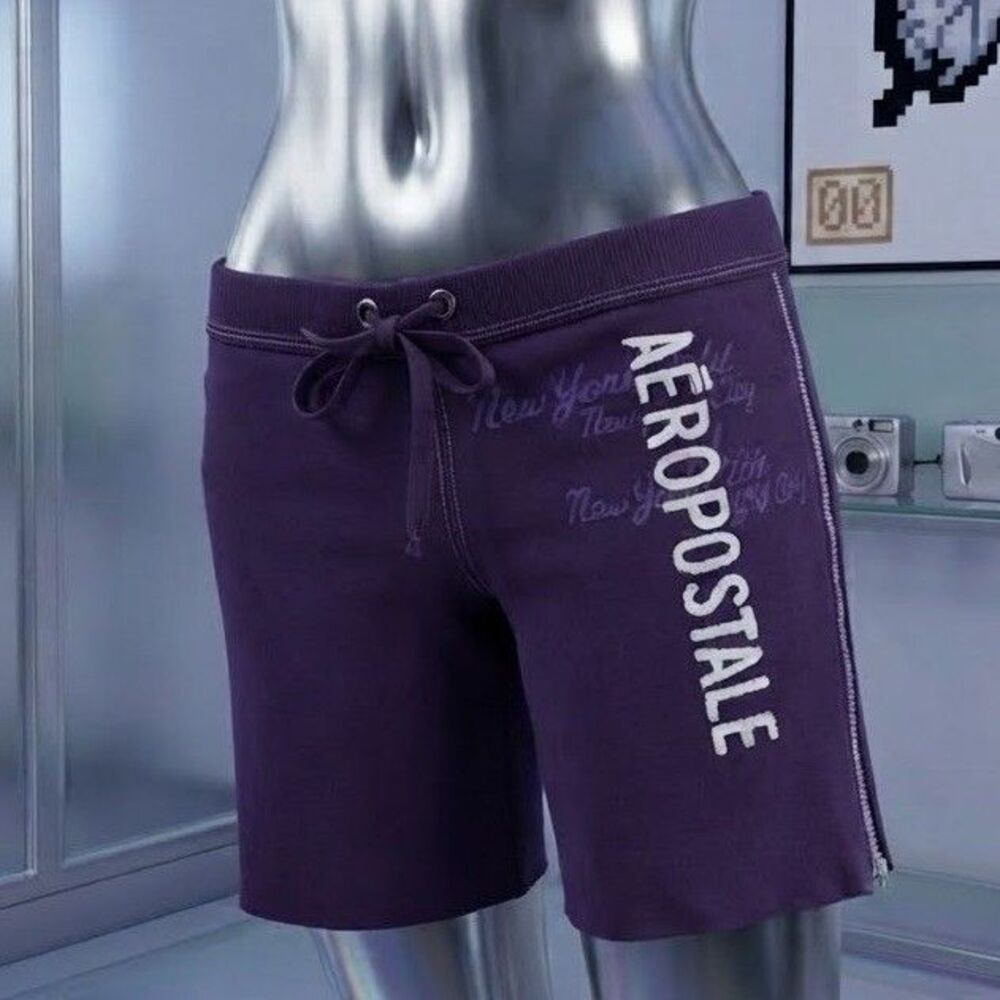 Nwt Vtg Y2K Aeropostale Purple Fleece Sweat Shorts Drawstring Logo M Graphic